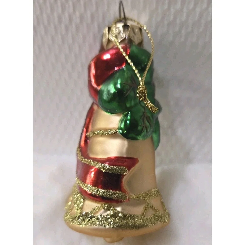 Vtg Pacconi Blown Glass Christmas Bell Ornament Red Bow Poinsettia Gold Glitter